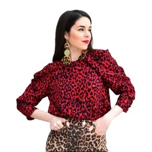 Zara Leopard Print Drape Ruffle/Puff Sleeve Blouse.